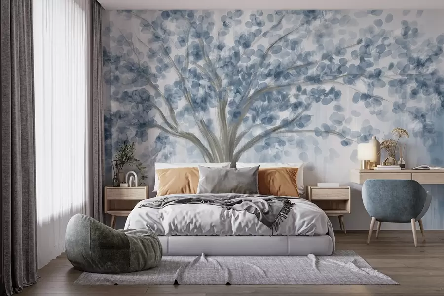 wall murals A large tree with soft, abstract leaves in blue on a light, neutral background enhancing the tree's tones  w08669v1