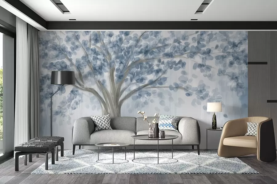 wall murals A large tree with soft, abstract leaves in blue on a light, neutral background enhancing the tree's tones  w08669v1