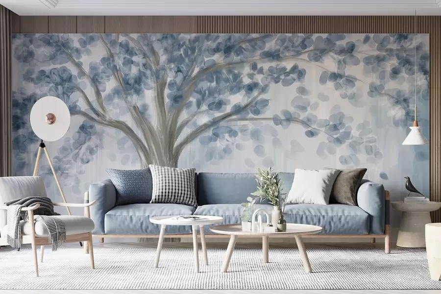 wall murals A large tree with soft, abstract leaves in blue on a light, neutral background enhancing the tree's tones  w08669v1