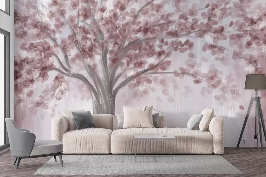 wall murals A large tree with soft, abstract leaves in pink on a light, neutral background enhancing the tree's tones  w08669v2