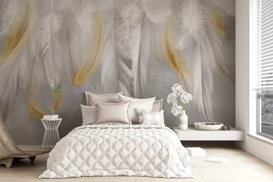 wall murals White and yellow feathers hanging against a soft gray background, creating a delicate and airy composition w08670
