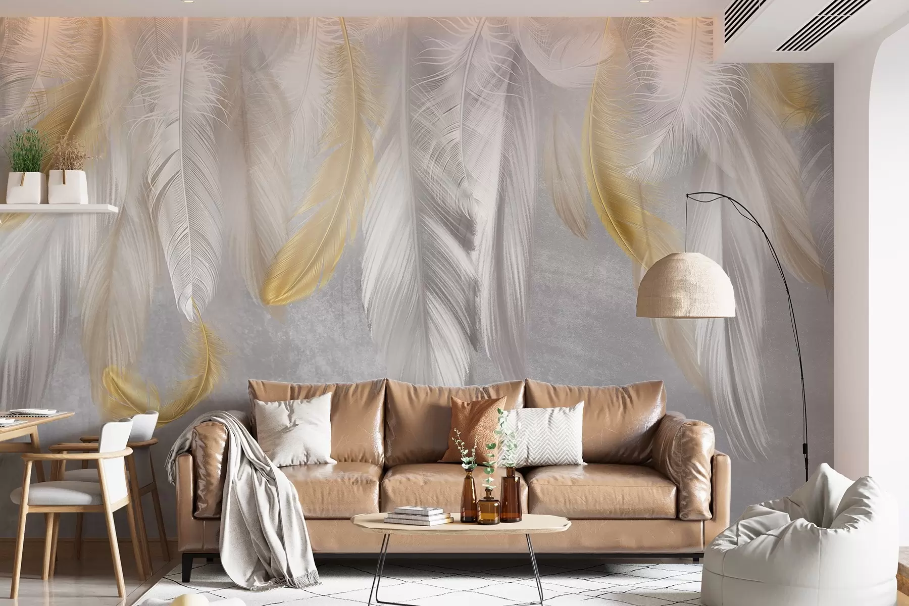 wall murals White and yellow feathers hanging against a soft gray background, creating a delicate and airy composition w08670