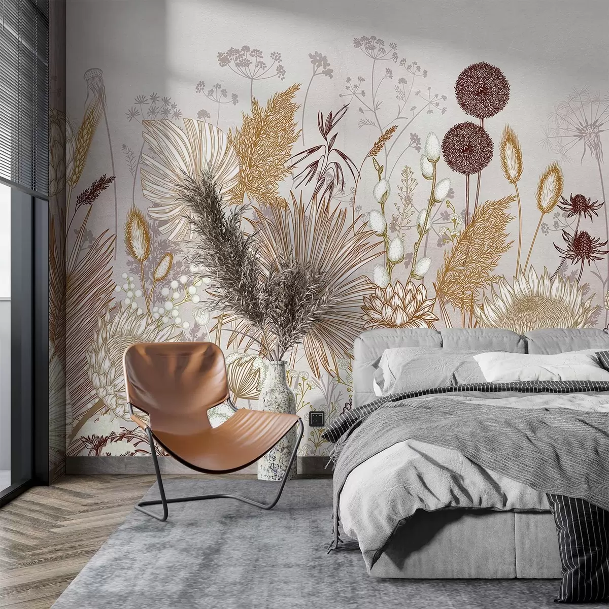 wall murals Flowers and plants in warm tones of beige in botanical style showcasing a variety of shapes and textures  w08672