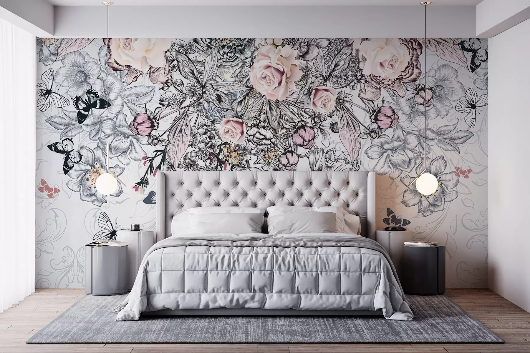 wall murals A floral drawing with pink roses and various flowers and butterflies with intricate line art on textured background w08674