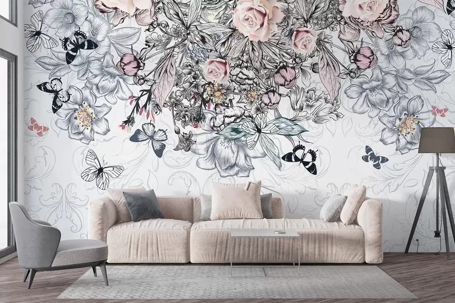 wall murals A floral drawing with pink roses and various flowers and butterflies with intricate line art on textured background w08674