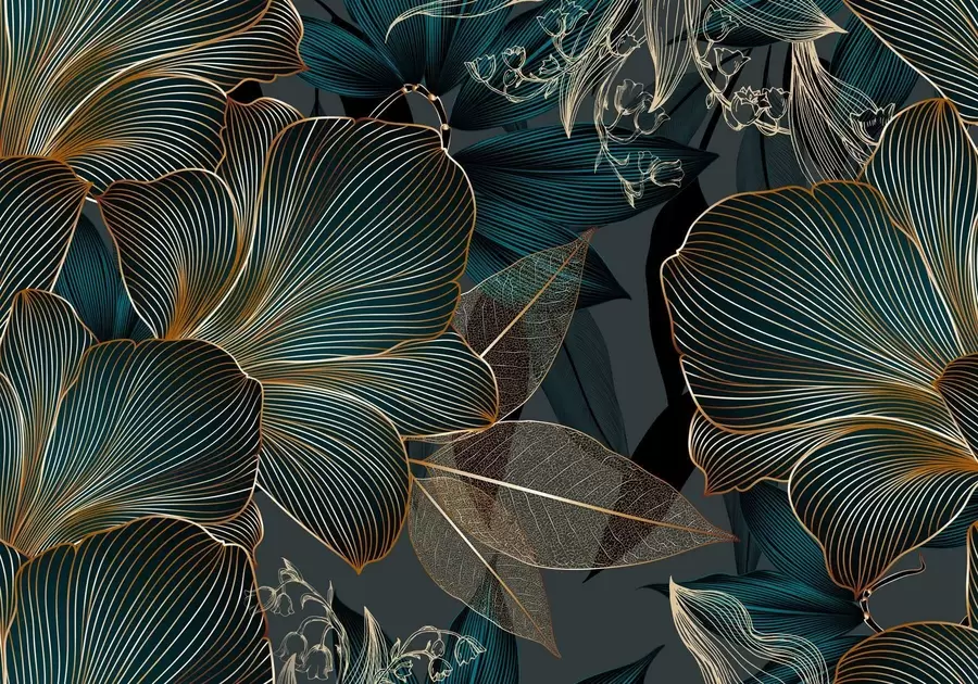 wall murals Stylized flowers and leaves with intricate line work in shades of teal and yellow on dark background w08675