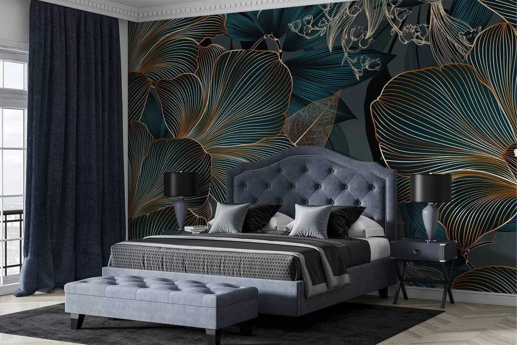 wall murals Stylized flowers and leaves with intricate line work in shades of teal and yellow on dark background w08675