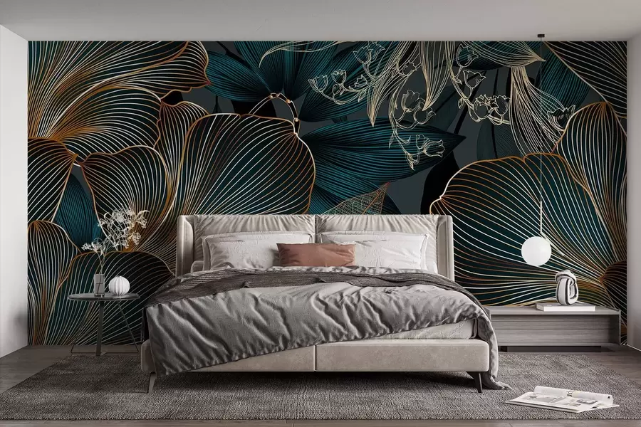 wall murals Stylized flowers and leaves with intricate line work in shades of teal and yellow on dark background w08675