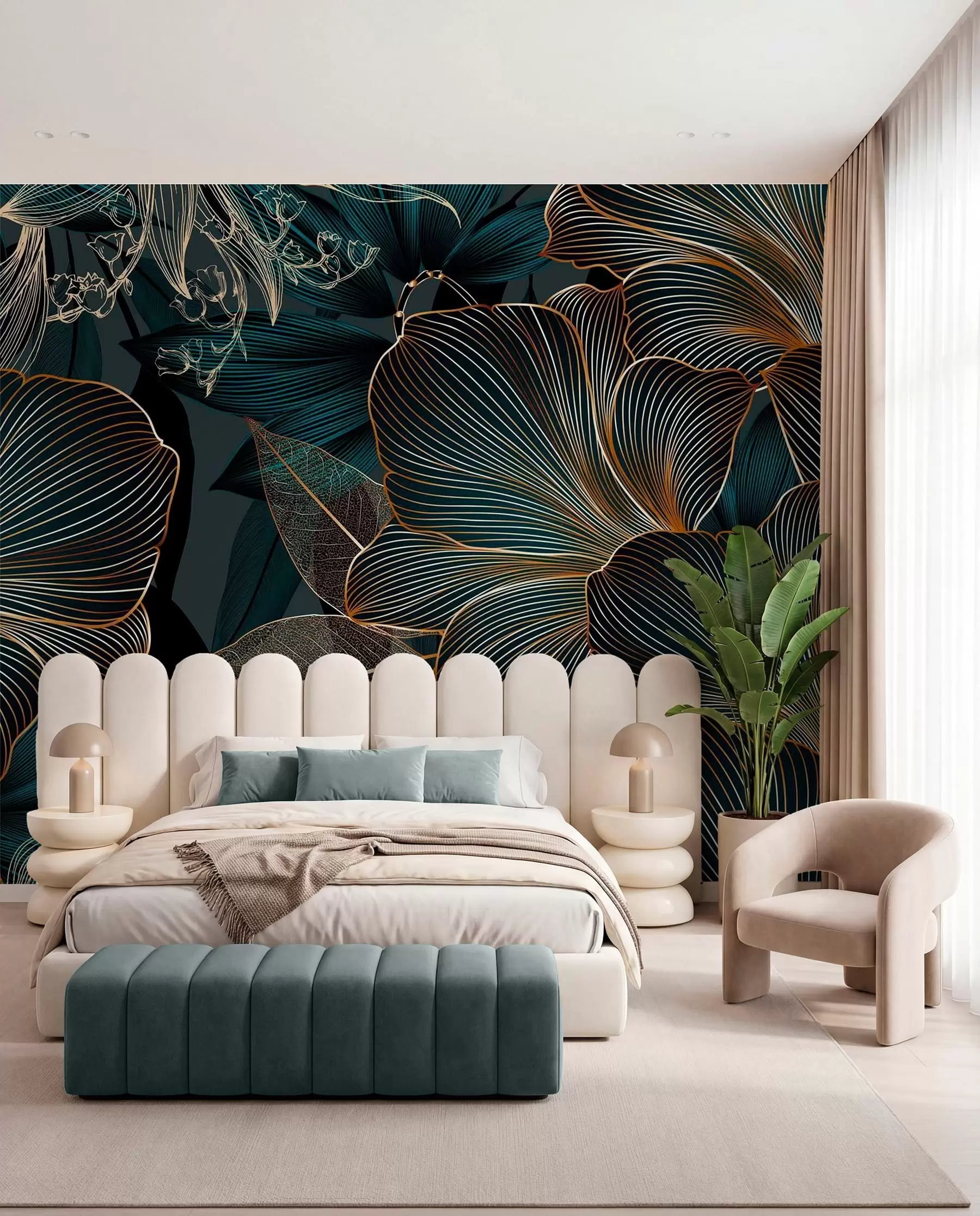 wall murals Teal Petals in Fine Lines w08675