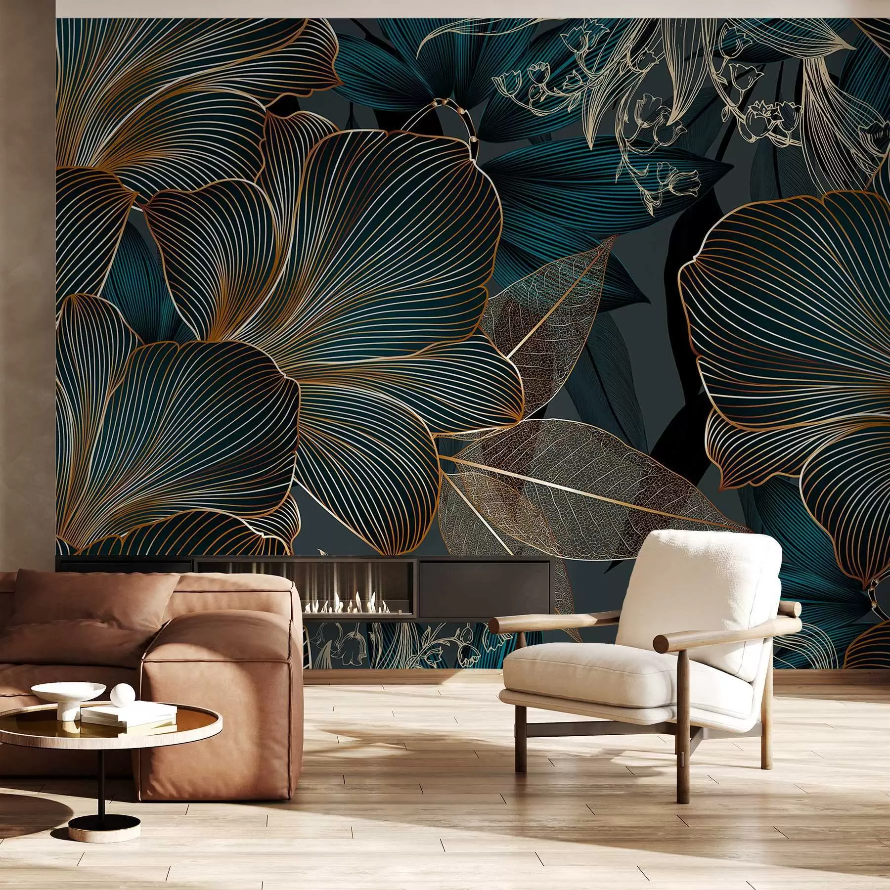 wall murals Stylized flowers and leaves with intricate line work in shades of teal and yellow on dark background w08675