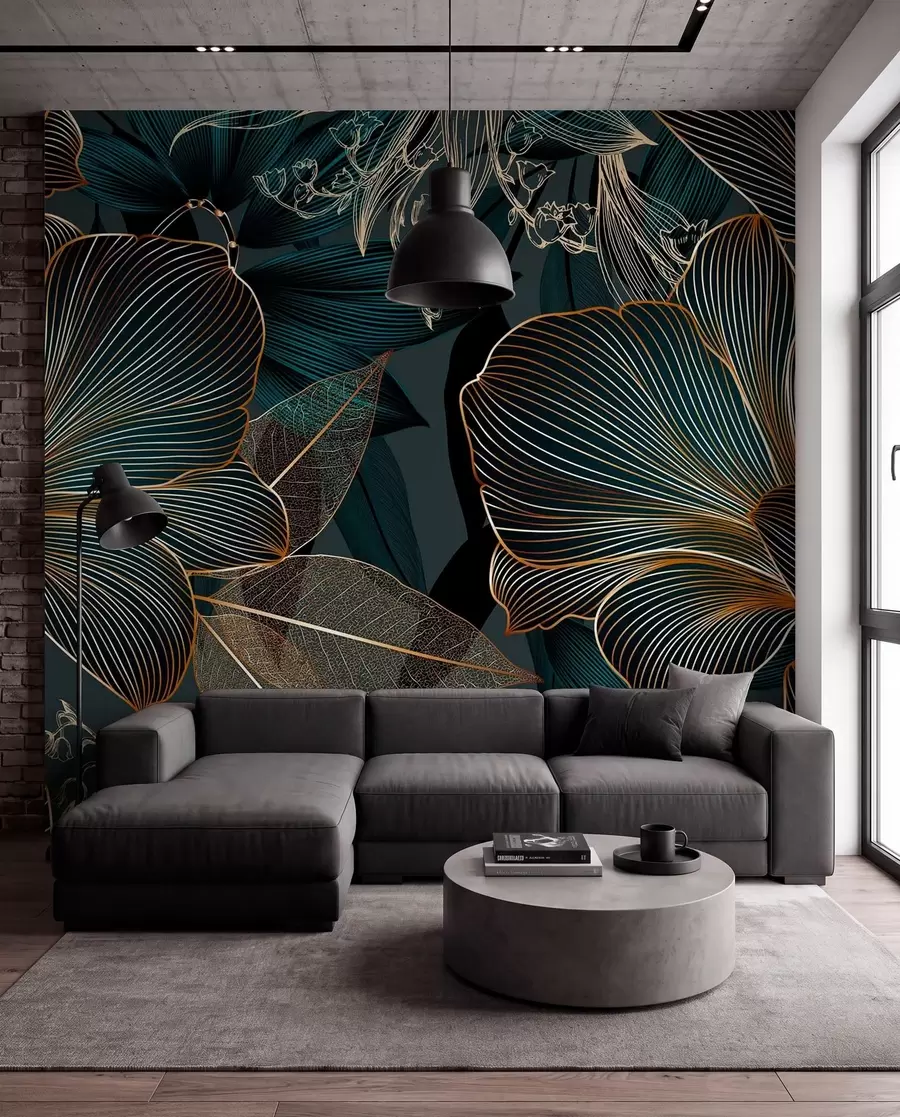 wall murals Stylized flowers and leaves with intricate line work in shades of teal and yellow on dark background w08675