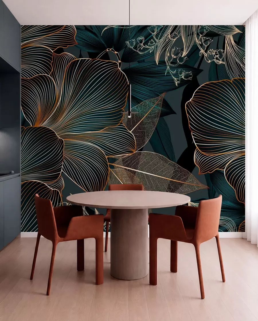 wall murals Stylized flowers and leaves with intricate line work in shades of teal and yellow on dark background w08675