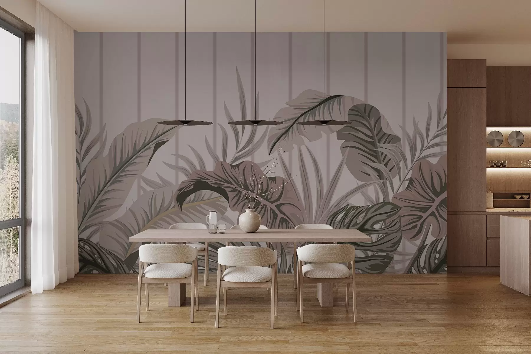 wall murals Tropical foliage pattern in muted green and beige tones on a light background with vertical lines w08683v1
