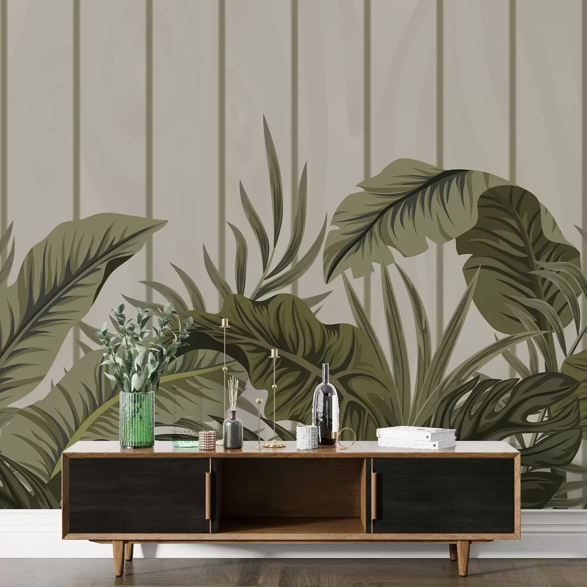 wall murals Tropical foliage pattern in muted green and beige tones on a light background with vertical lines w08683v2