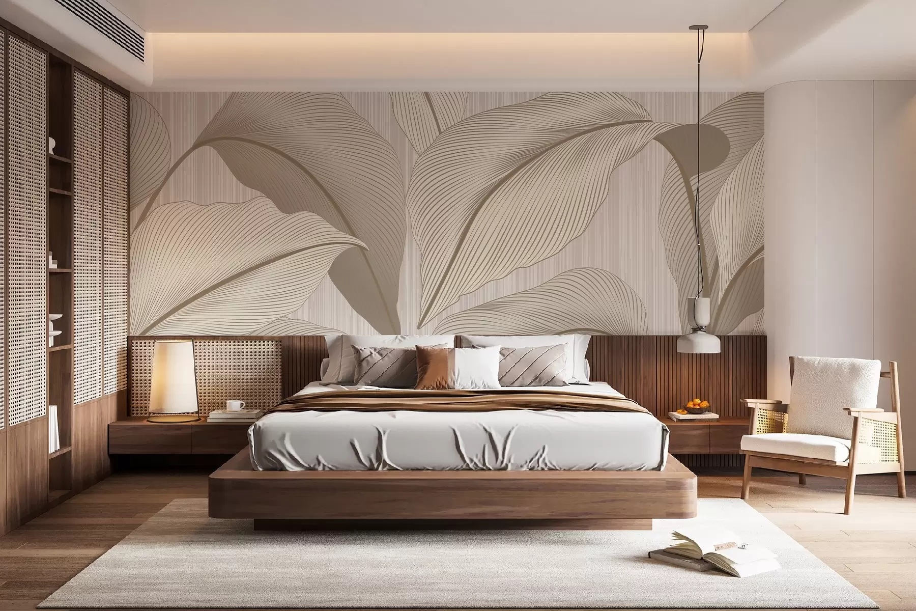 wall murals Elegant pattern with large leaves in warm beige tones on a light background with subtle texture accents w08684v1