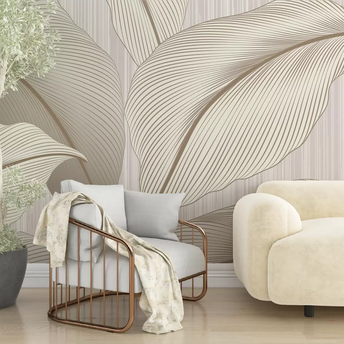 wall murals Elegant pattern with large leaves in warm beige tones on a light background with subtle texture accents w08684v1