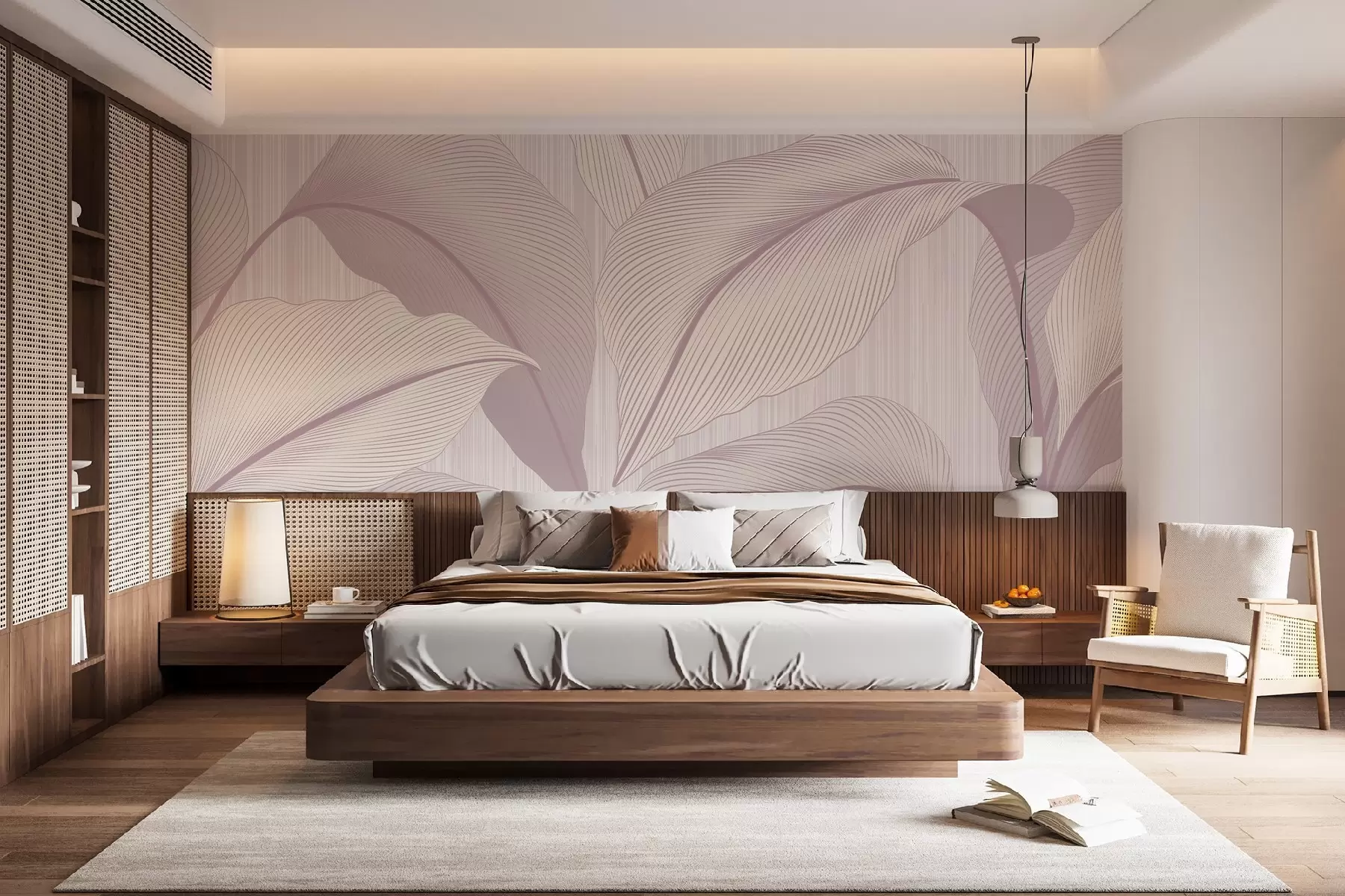wall murals Elegant pattern with large leaves in soft pink tones on a light background with delicate texture details w08684v2