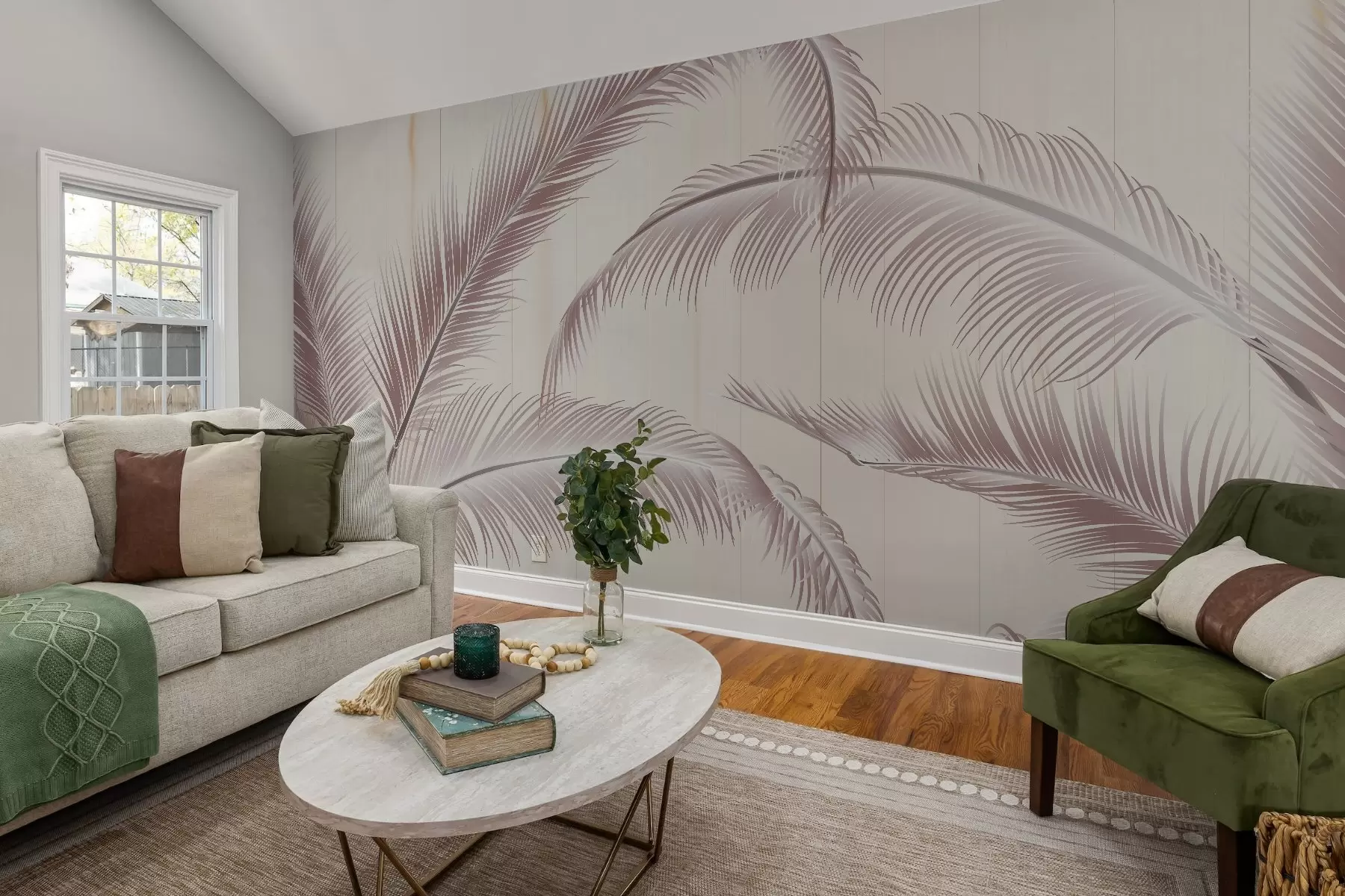 wall murals Large feather pattern in soft pink and beige tones on a light background with vertical lines that add a touch of elegance w08685