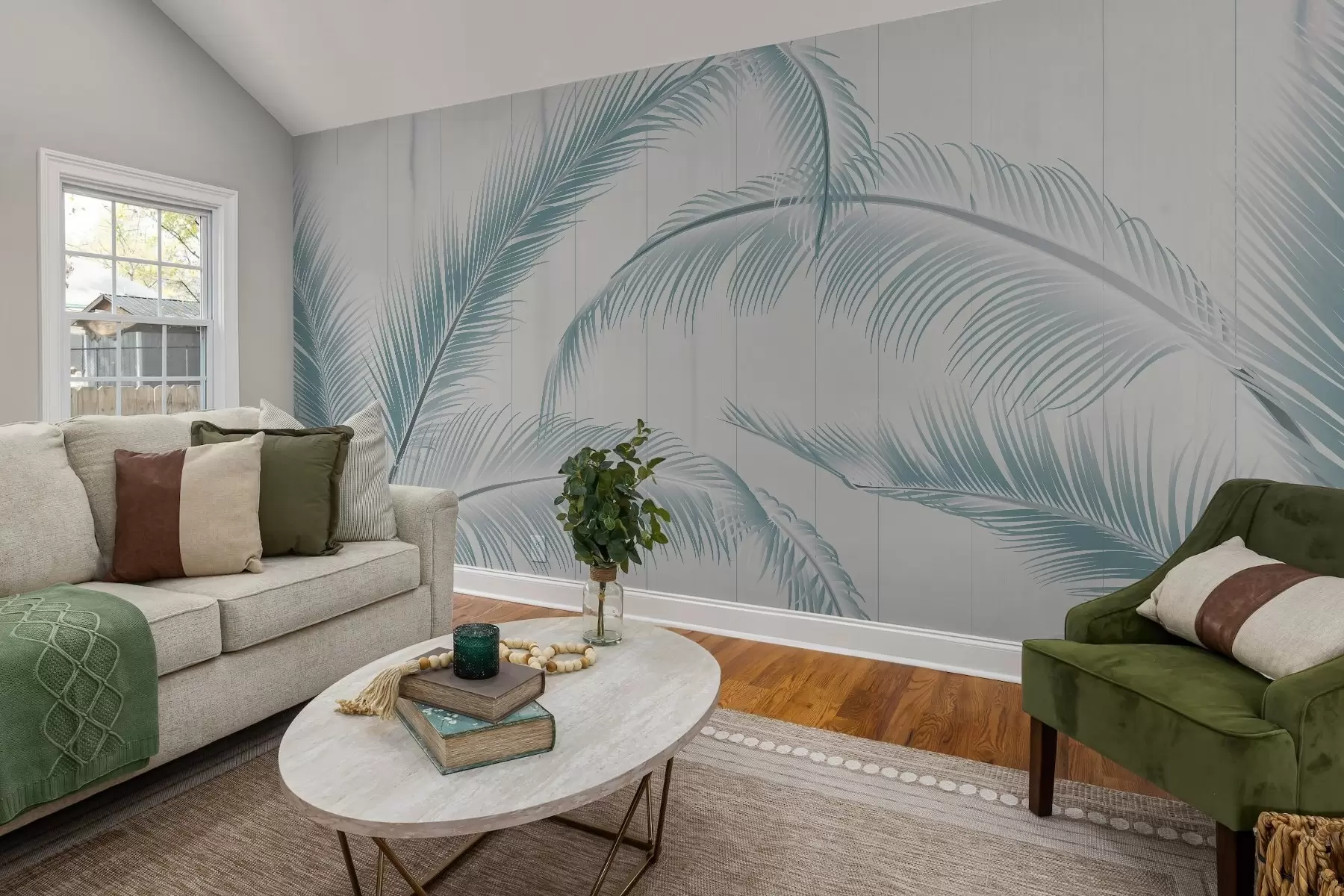 wall murals Large feather pattern in soft blue tones on a light background with vertical lines for a touch of elegance w08685v1