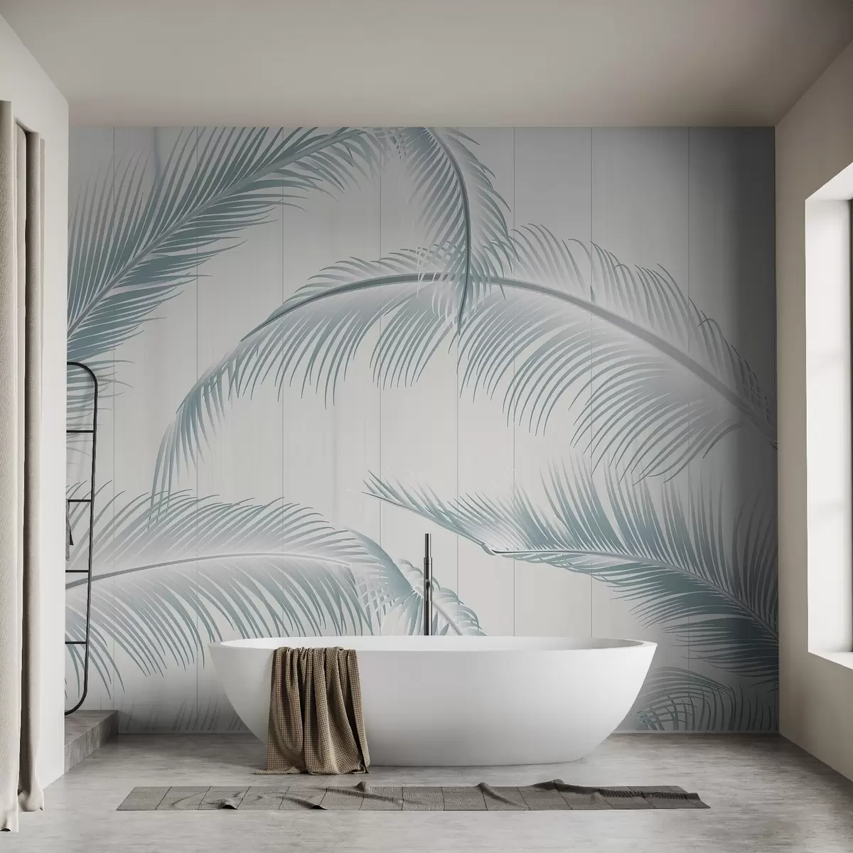 wall murals Large feather pattern in soft blue tones on a light background with vertical lines for a touch of elegance w08685v1