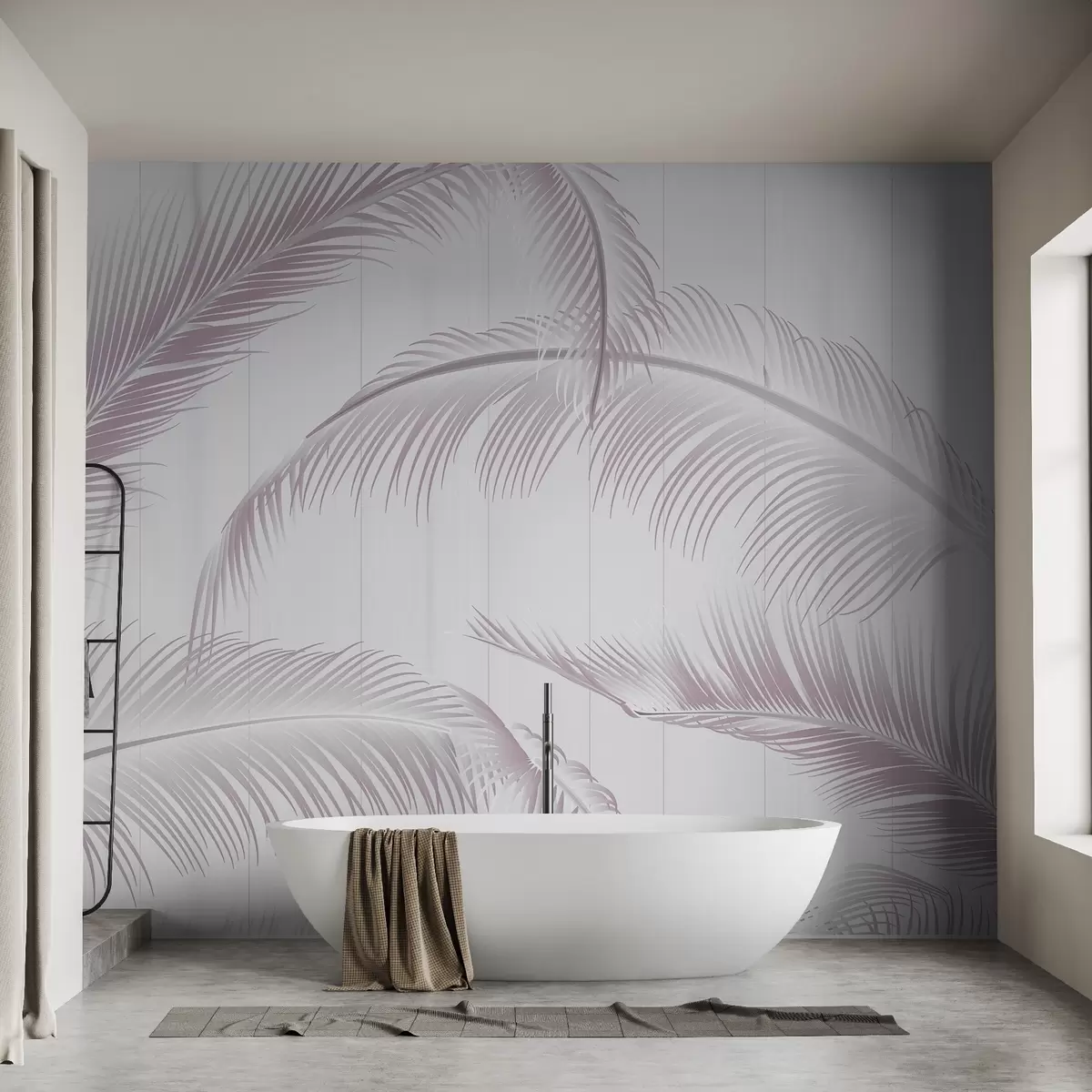 wall murals Large feathers pattern in soft pink tones on a light background with vertical lines for a touch of elegance w08685v3