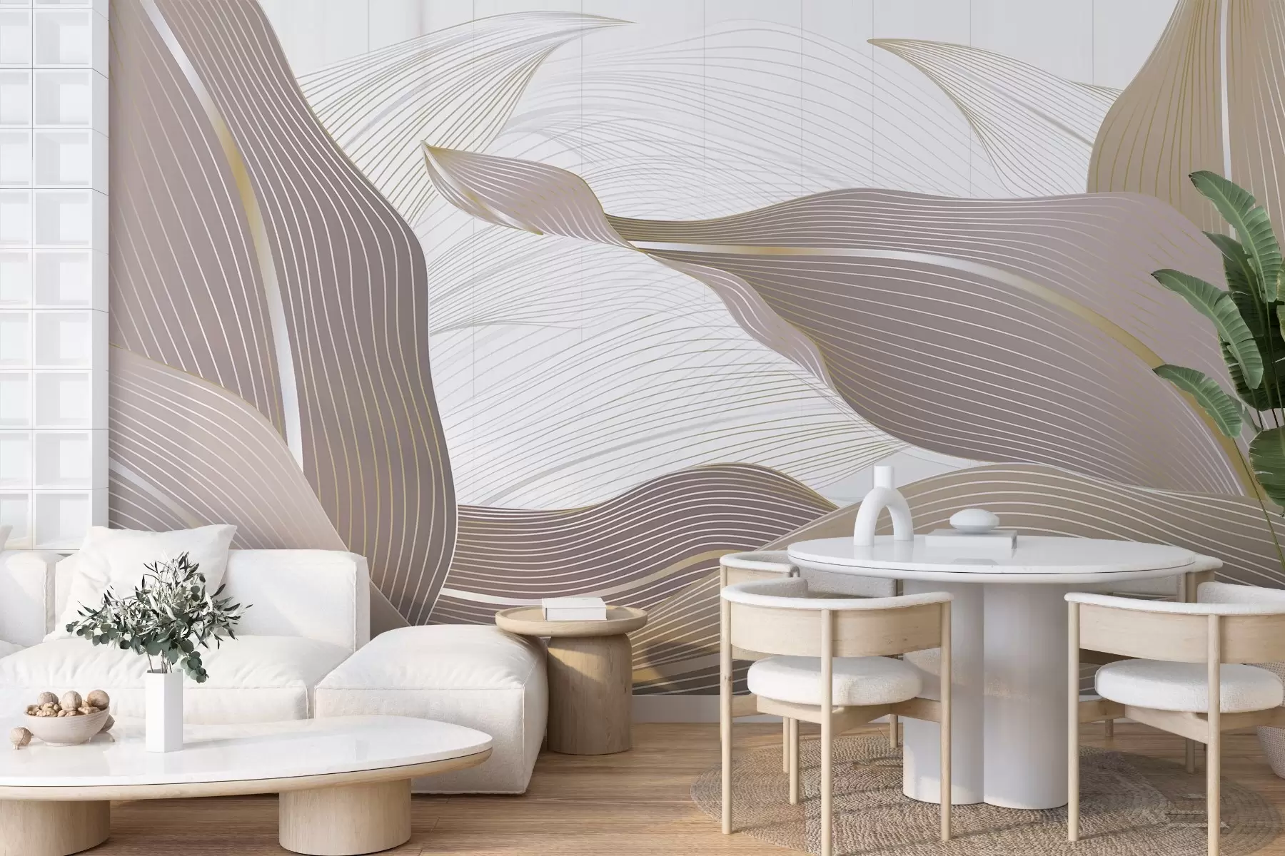 wall murals Abstract pattern with wavy leaves in soft pink and beige tones on a light background with subtle texture details w08686v1