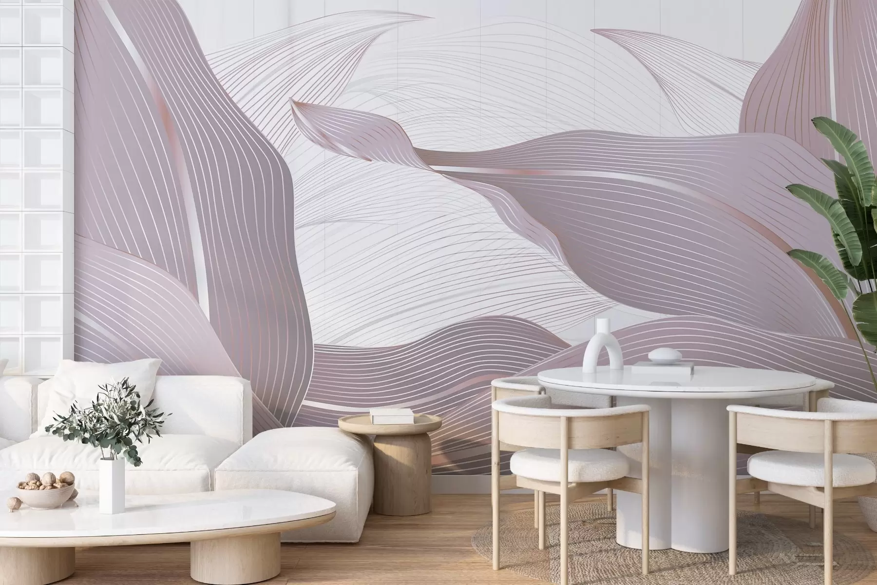 wall murals Abstract pattern with wavy leaves in soft pink shades on a light background with smooth texture transitions w08686v2