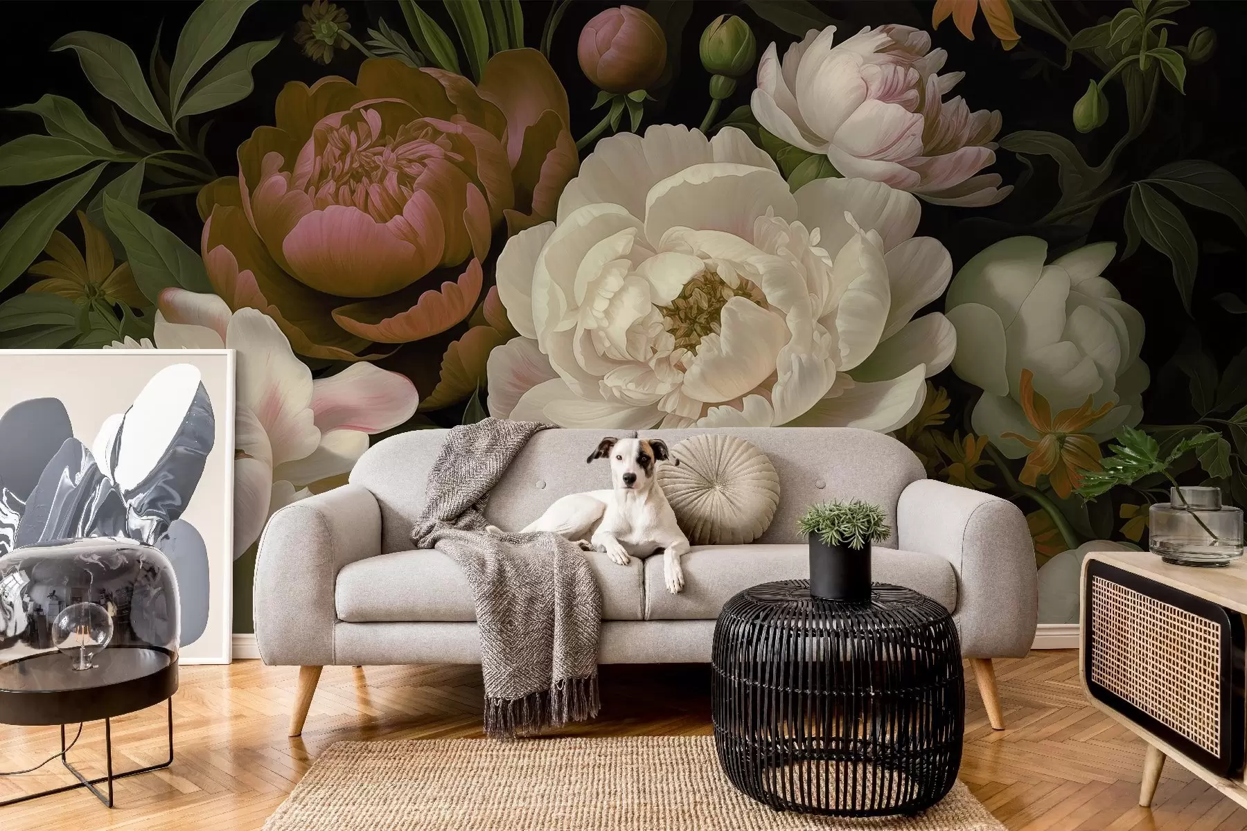wall murals Exquisite bouquet of peonies and flowers in warm cream, pink and green shades on a dark background w08689v2