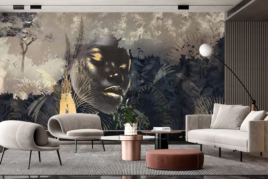 wall murals Magical Africa with rainforest, girly and vector elements with blue tint w02642v1