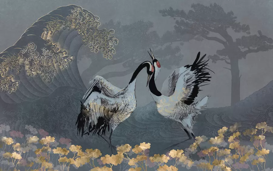 wall murals Cranes, trees and waves with Chinese style elements w02747