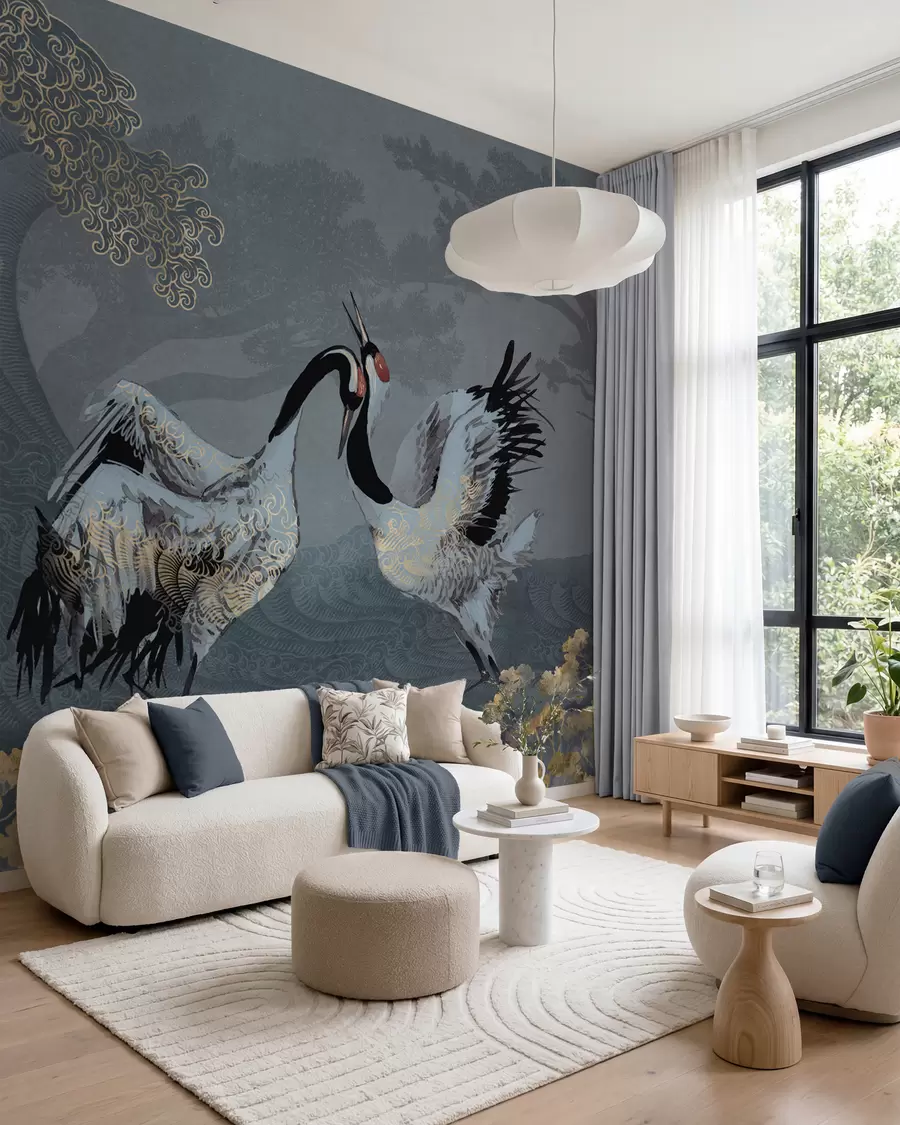wall murals Cranes, trees and waves with Chinese style elements w02747