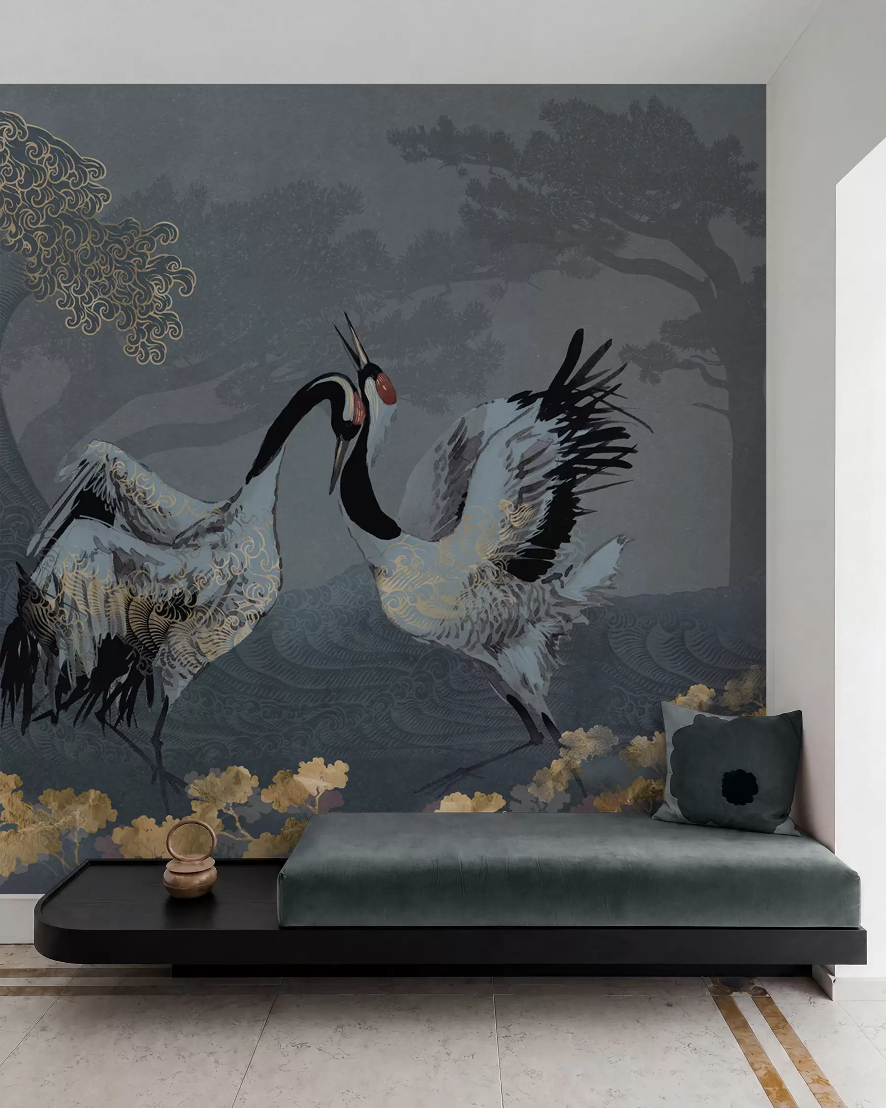 wall murals Cranes, trees and waves with Chinese style elements w02747