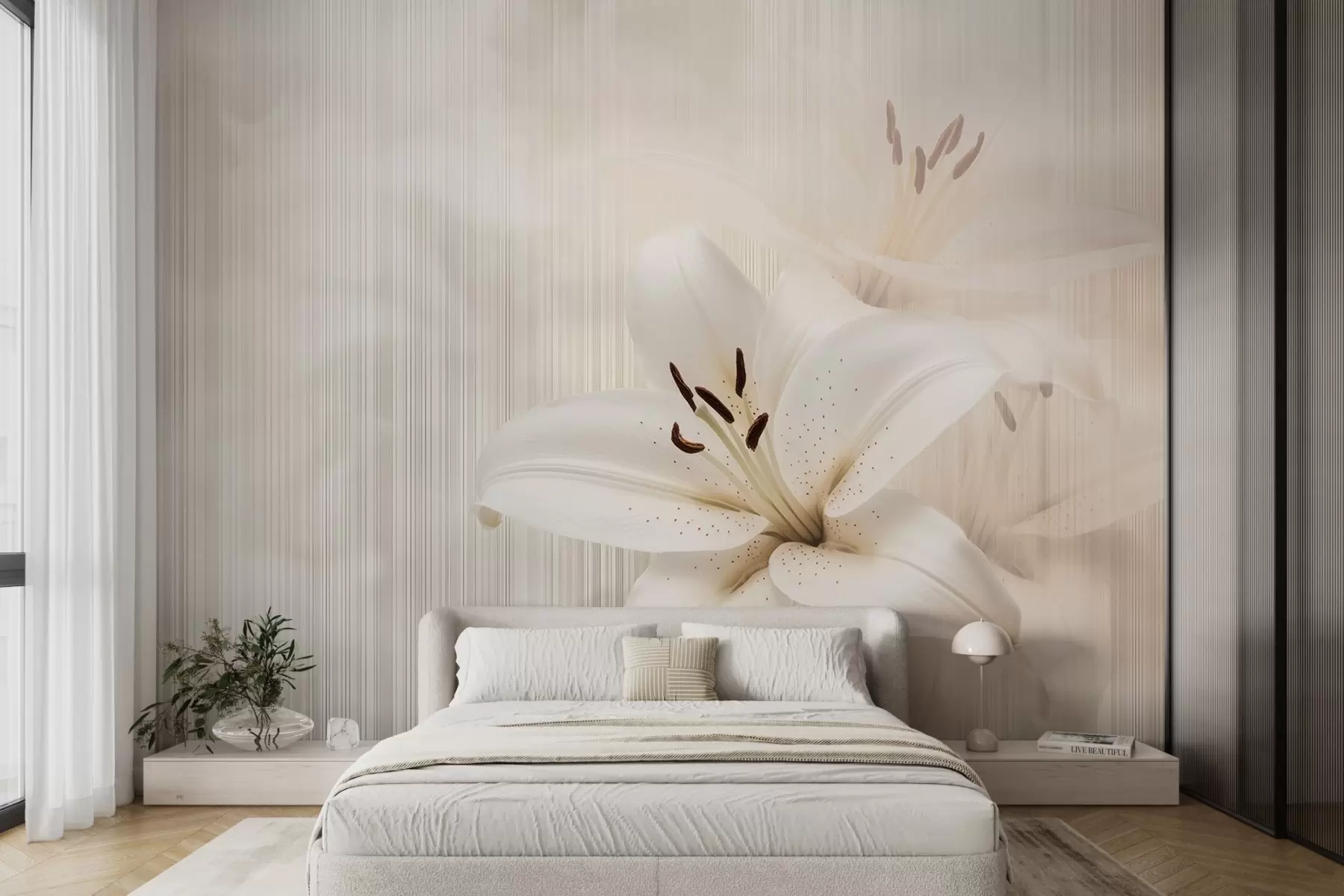 wall murals Delicate beige lilies on a background of vertical stripes w08676