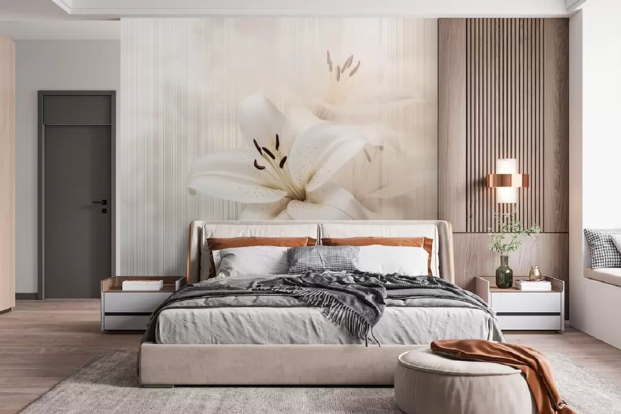 wall murals Delicate beige lilies on a background of vertical stripes w08676