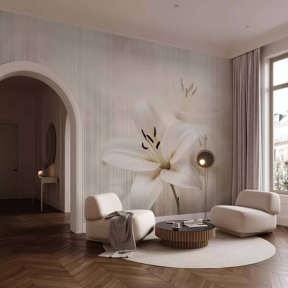 wall murals Delicate beige lilies on a background of vertical stripes w08676