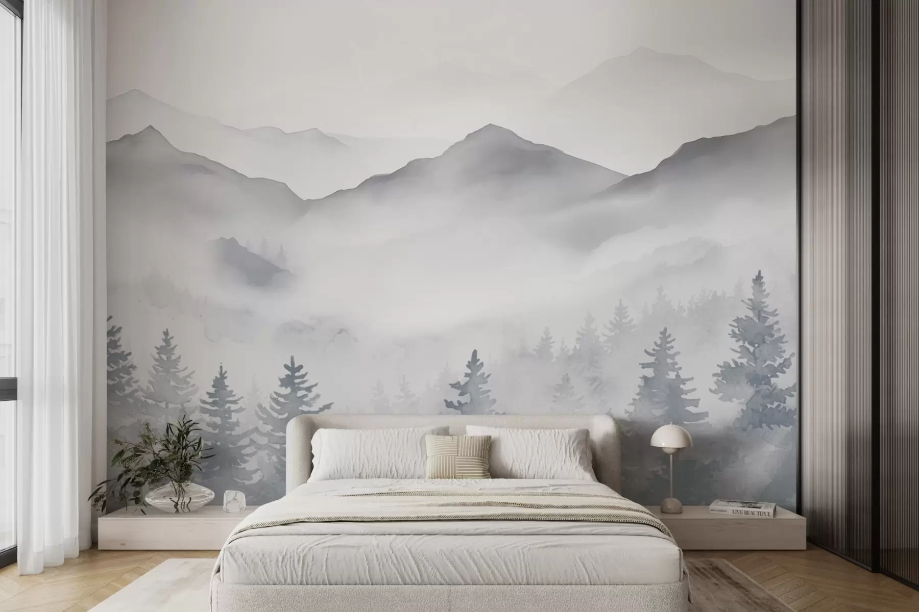 wall murals Serene mountain landscape with misty forests in soft gray and blue tones w08680