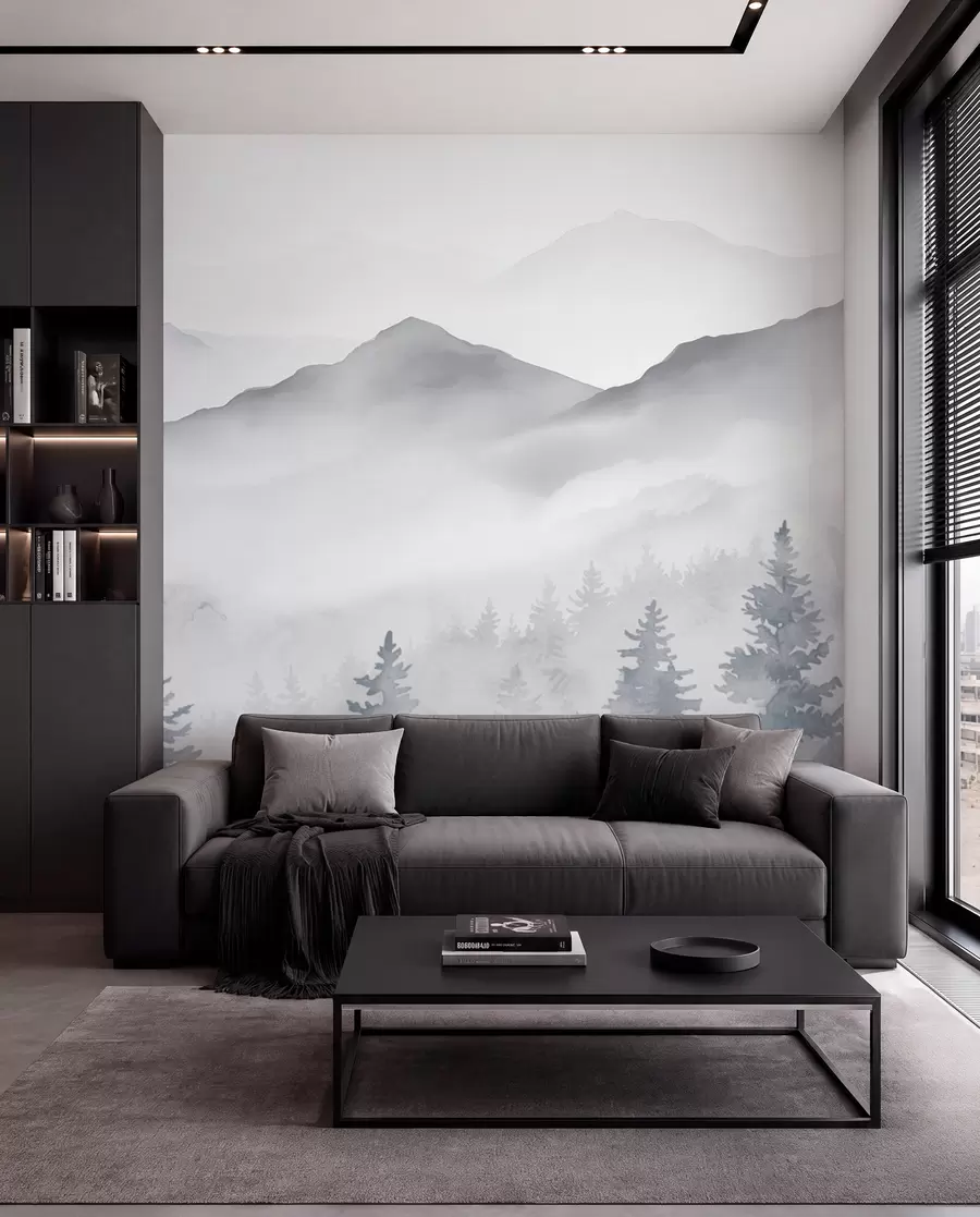 wall murals Serene mountain landscape with misty forests in soft gray and blue tones w08680