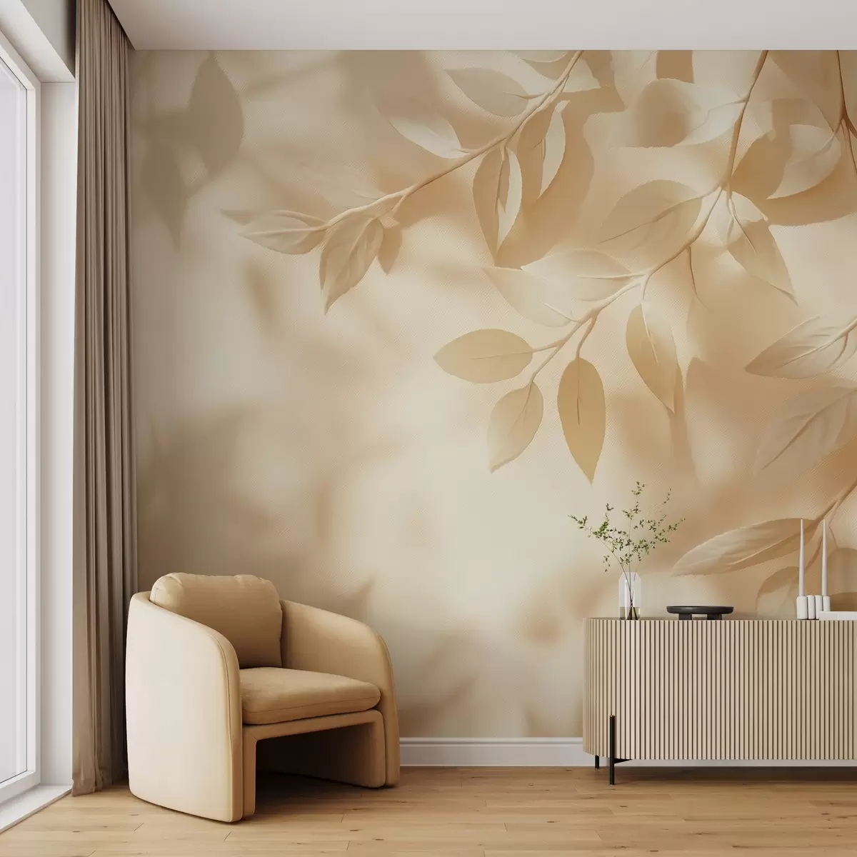 wall murals Yellow tree branches on a beige wall background w08682