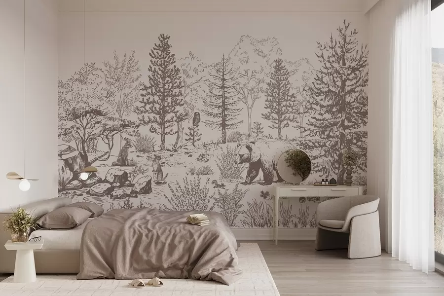 wall murals Forest life, trees, wild animals, bear, fox, owl, bushes, pencil style drawing, beige colors w02929