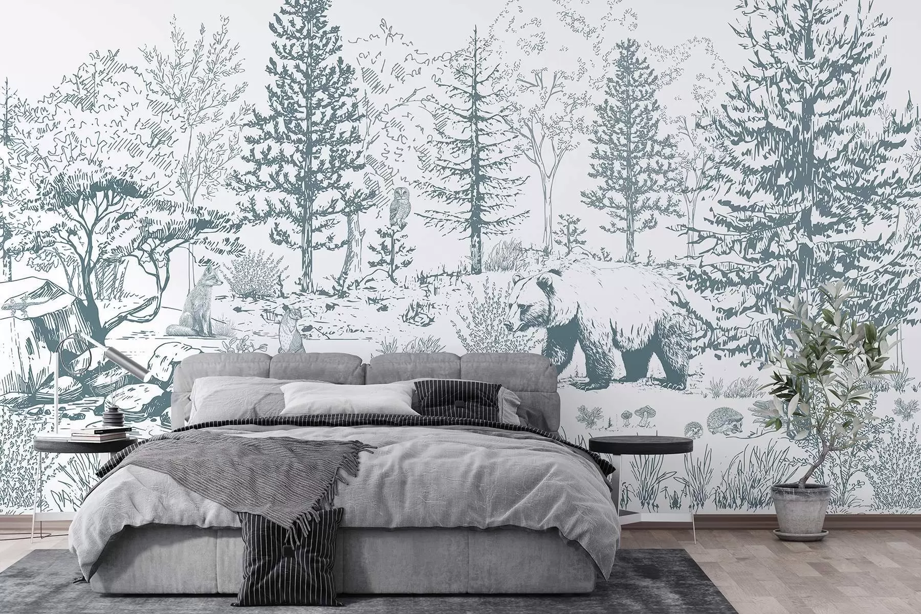 wall murals Forest life, trees, wild animals, bear, fox, owl, bushes, pencil style drawing, blue colors w02929v1