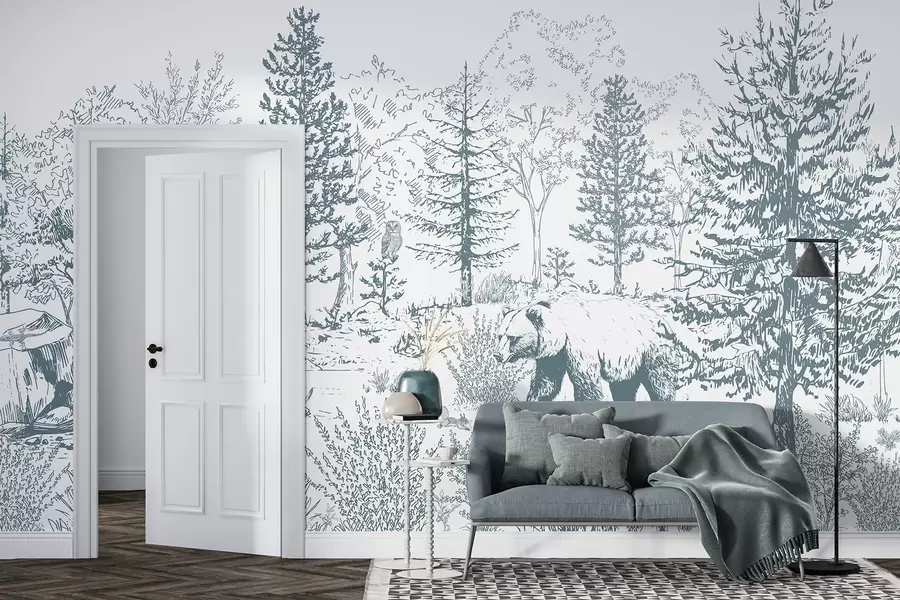wall murals Forest life, trees, wild animals, bear, fox, owl, bushes, pencil style drawing, blue colors w02929v1