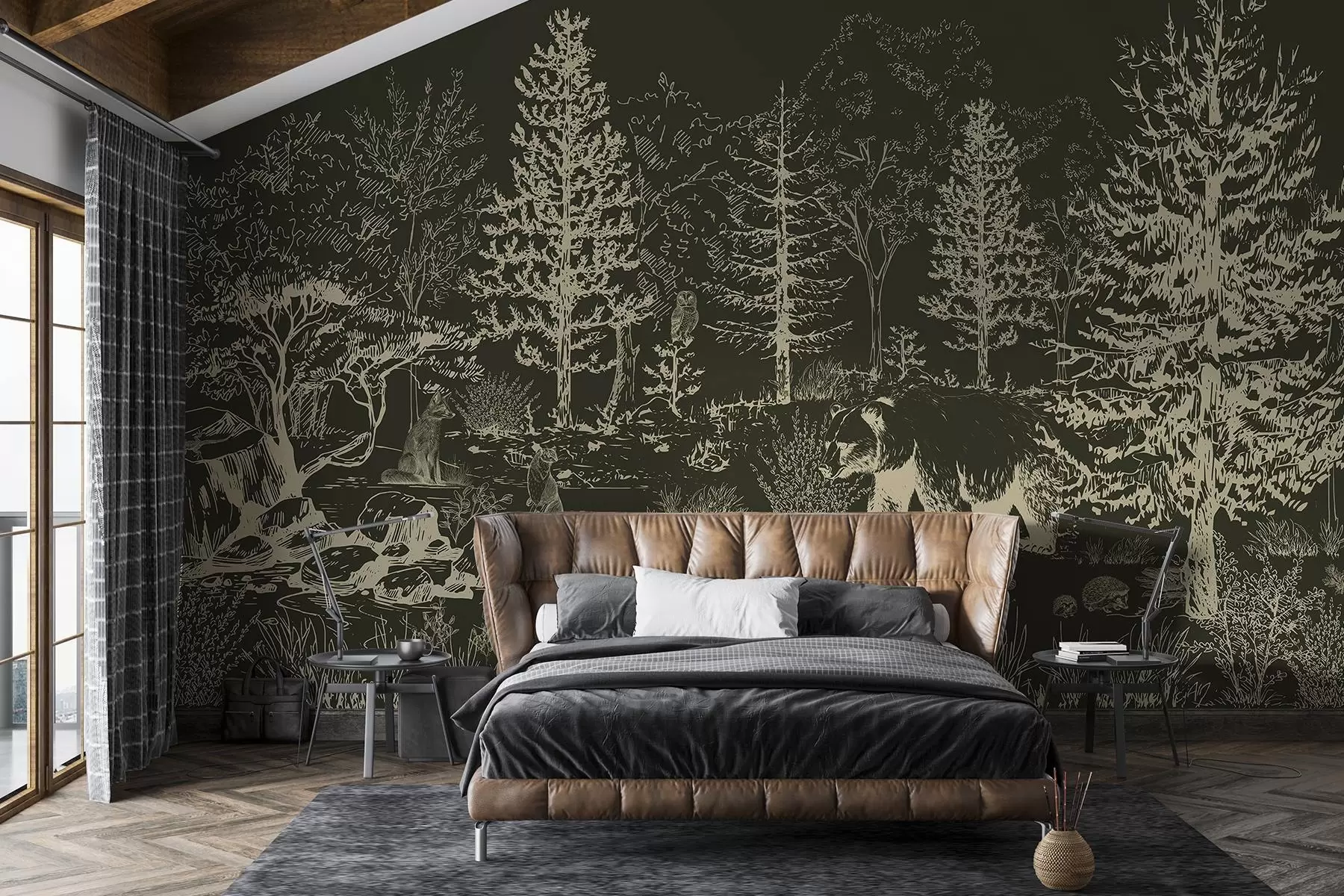 wall murals Forest life, trees, wild animals, bear, fox, owl, bushes, dark green background w02929v3