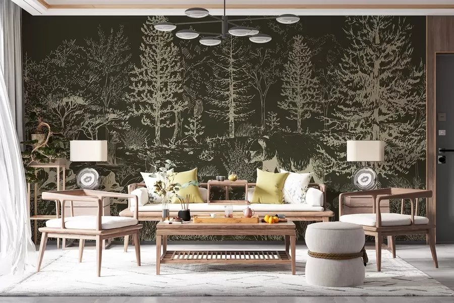 wall murals Forest life, trees, wild animals, bear, fox, owl, bushes, dark green background w02929v3