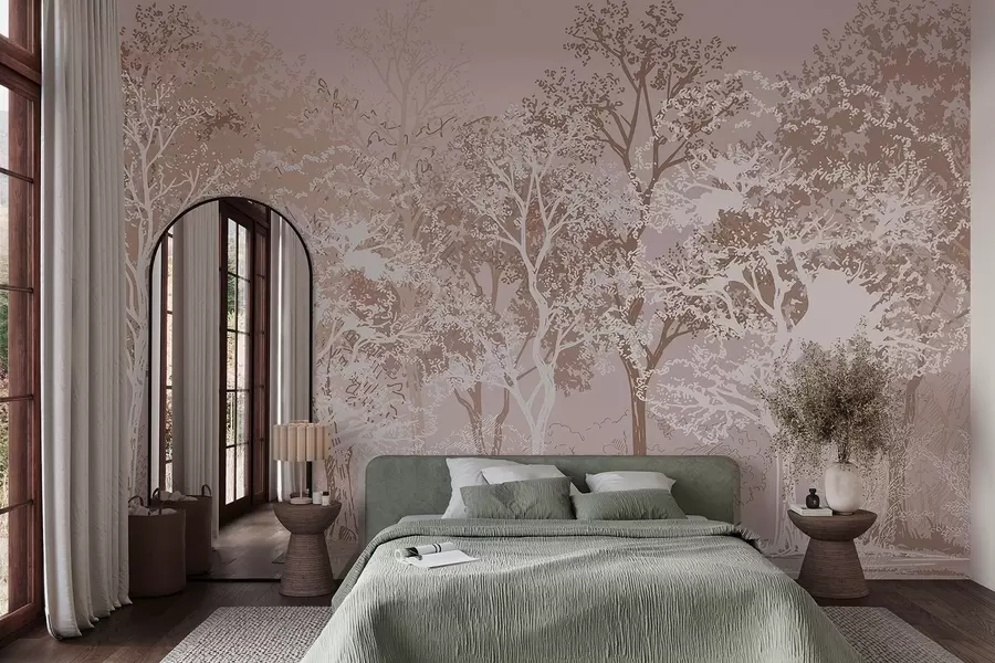 wall murals Trees in the forest, minimalism, nature, beige color palette  w02930