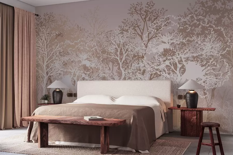 wall murals Trees in the forest, minimalism, nature, beige color palette  w02930