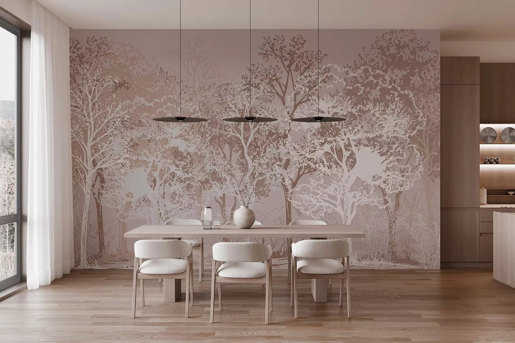 wall murals Trees in the forest, minimalism, nature, beige color palette  w02930