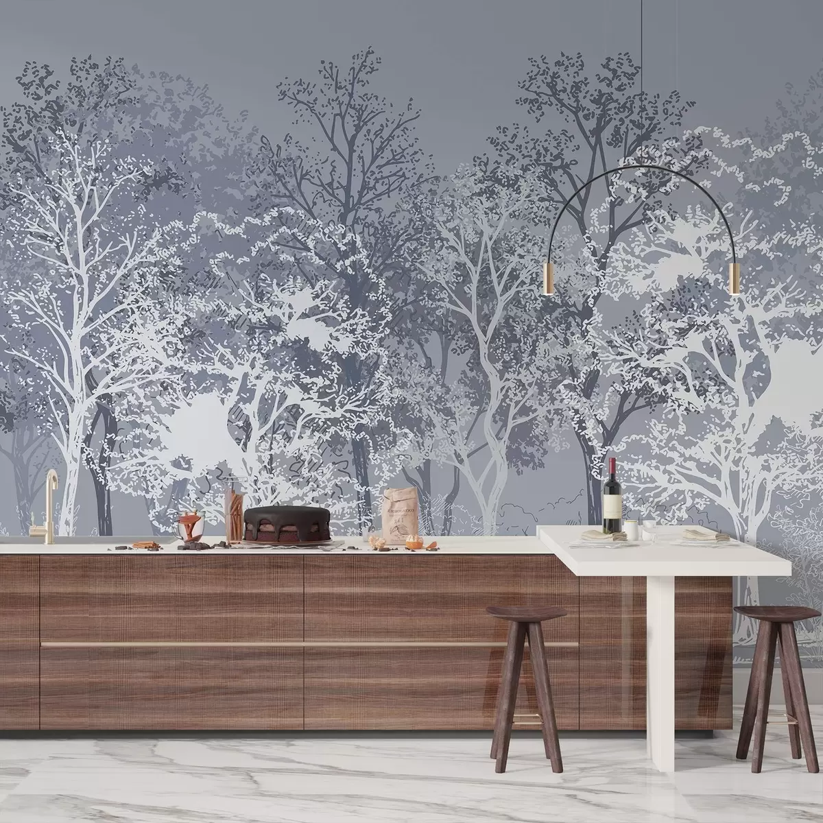 wall murals Trees in the forest, minimalism, nature, blue color palette  w02930v2