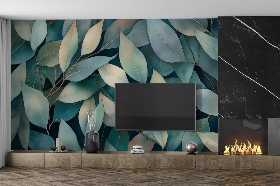 wall murals Eucalyptus leaves, watercolor style drawing, floral pattern, green colors w02931