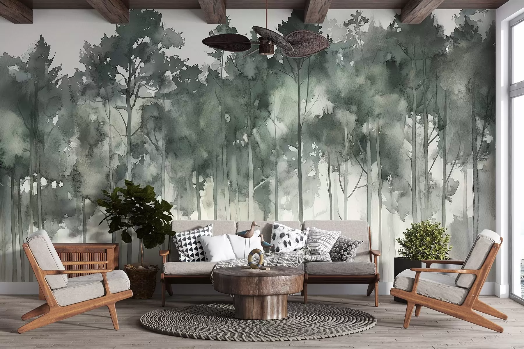 wall murals Watercolor style forest, pine trees, nature landscape, green colors w02937