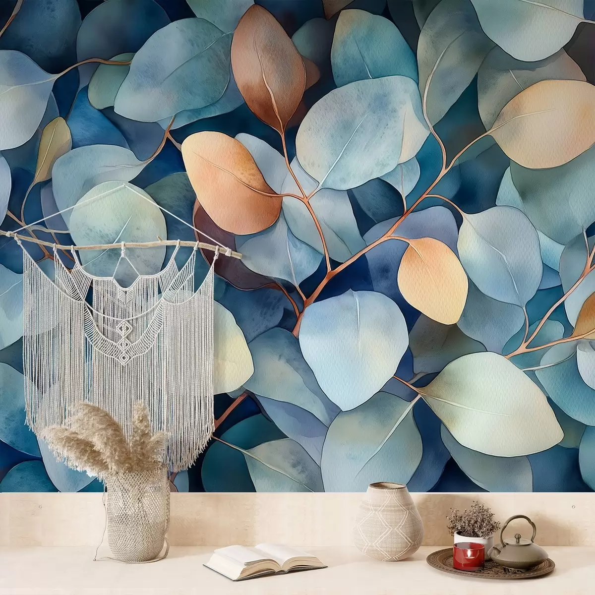 wall murals Beautiful eucalyptus leaves, floral pattern, watercolor style drawing w02939